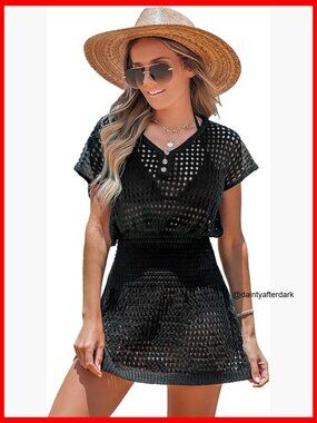 Crochet Swim Cover Up Short Sleeve V Neck Beach Dress